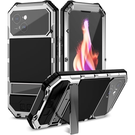 for iPhone 15 Case Heavy Duty Protection with Built in Lens Screen Protector Rugged Stand 360 Full Body Military Grade Metal Bumper Phone Cases Men 2023 6.1 inch Silver