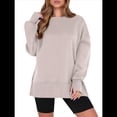 thumbnail image 2 of Sudaderas Oversize para Mujer, Cuello Redondo, Larga, Informales, Holgadas, con Aberturas, para Otoño Caqui L, 2 of 9