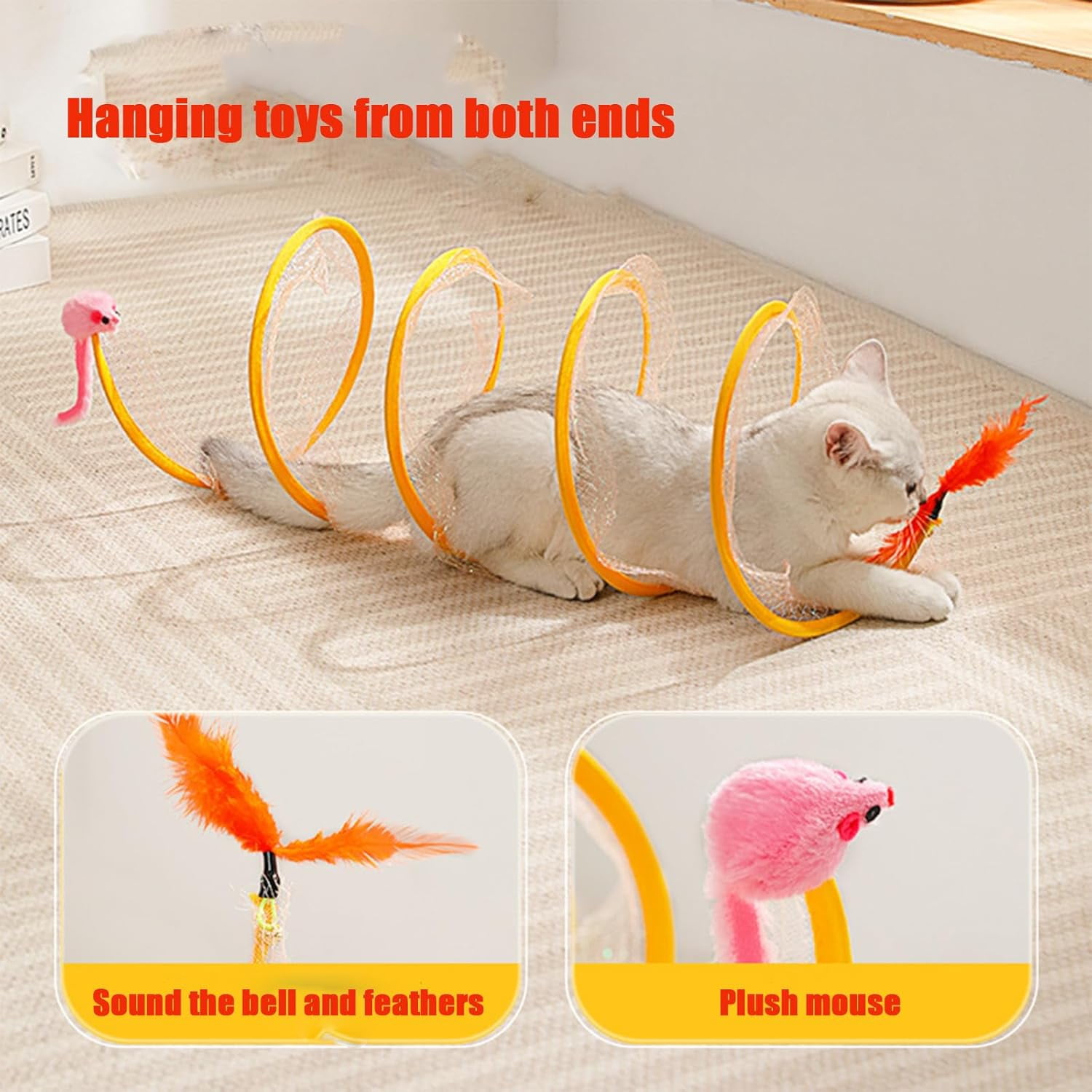 Self Play Cat Hunting Spiral Tunnel Toy, Folded Cat Spring Tunnel Toys for Indoor Cats (yellow2pcs)