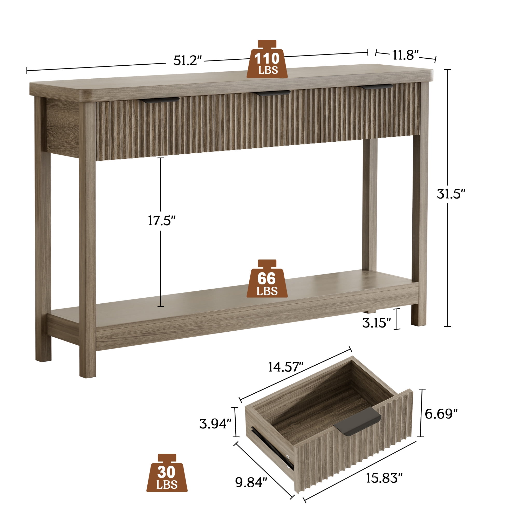 Laintene Console Table for Entryway, 51" Fluted Sofa Table with 3 Drawers and Open Shelf, Modern Narrow Display Shelf for Hallway Living Room, Gray Oak Set of 2