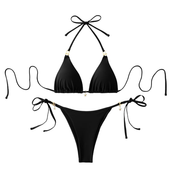 Sevevn Women's Triangle Bikini Set Halter Star Decor Side Tie Thong Two Piece Swimsuit Black S