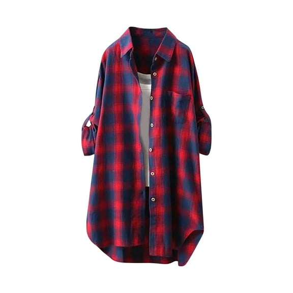 Ashirexll Blouses for Women Plus Size Casual Long Sleeve Lightweight Loose Lapel Pocket Plaid Shirt Top Red 3XL