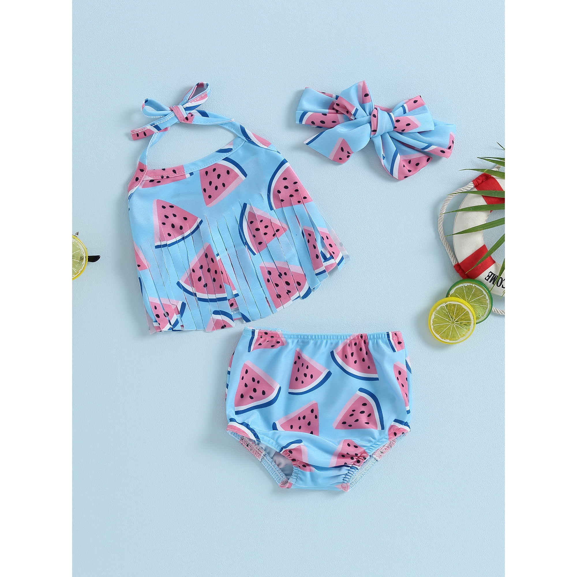 Wifornt Infant Baby Girl Bikini Tassel Watermelon Print Swimsuit 3 Pieces Bathing Suit Halter Neck Tops Bikini Bottoms Headband Swimwear Blue
