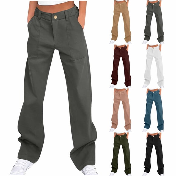CFLVAEK Twill Cargo Pants for Women Casual High Waisted Hiking Pants Loose Fit Wide Leg Cargo Pant with Pockets Army Green L