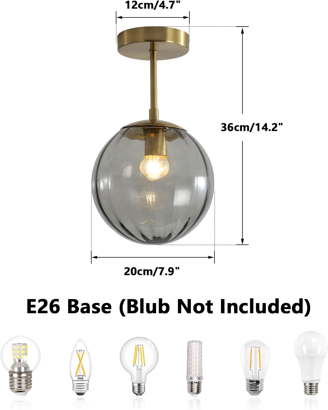 KCO Lighting Gold Globe Flush Mount Ceiling Light 1-Light Vintage Smoke Gray Glass Ceiling Light Mid Century Small Hallway Ceiling Light Fixtures