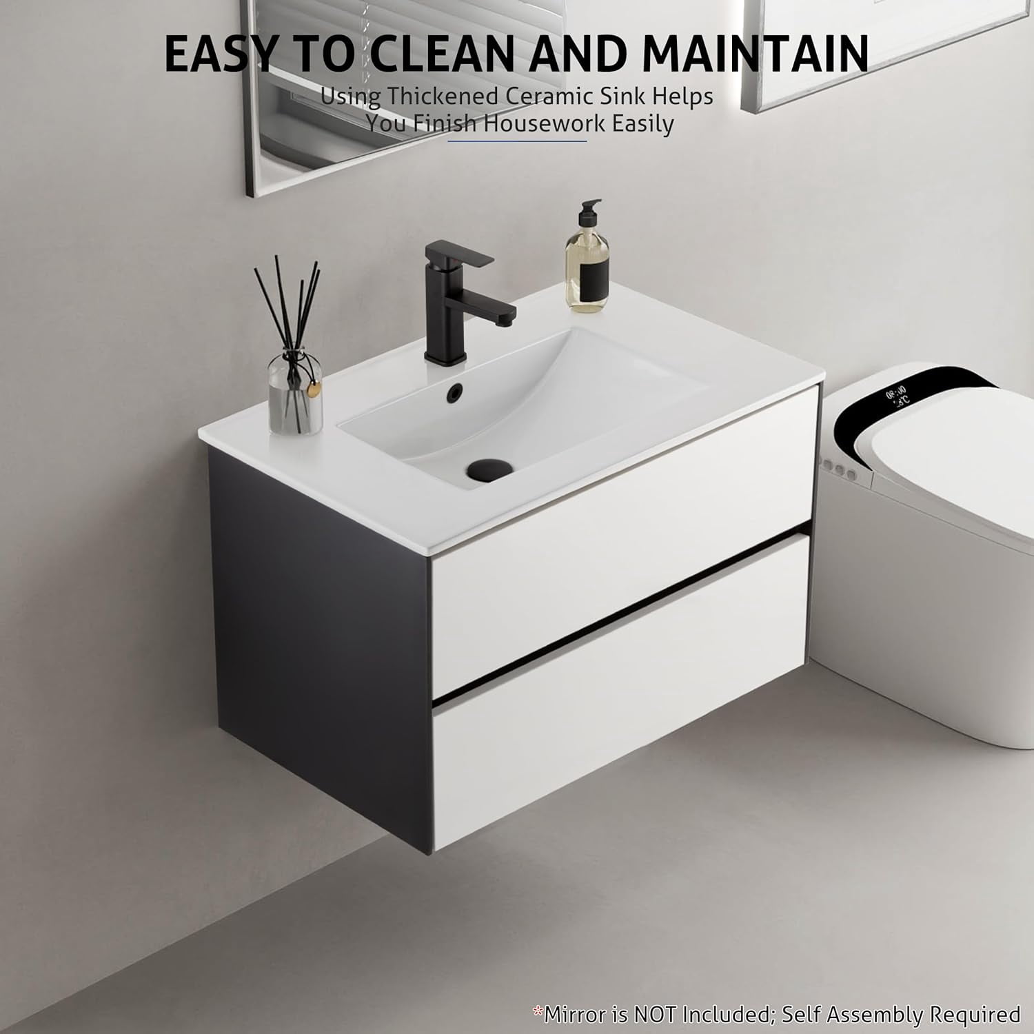 Eclife 30" Bathroom Vanity Cabinet with Undermount Ceramic Sink, 2 Big Drawers, Matte Black Faucet