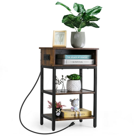 Bedside Table with Charging Station Narrow Side Table with USB Ports and Power Socket End Table 3-tier Suitable for Small Spaces Living Room Bedroom