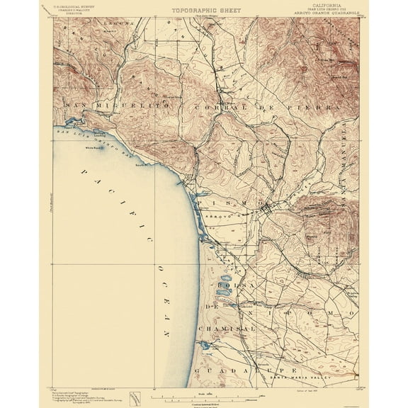 Topographical Map - Arroyo Grande California Quad - USGS 1897 - 23 x 27.81 - Vintage Wall Art