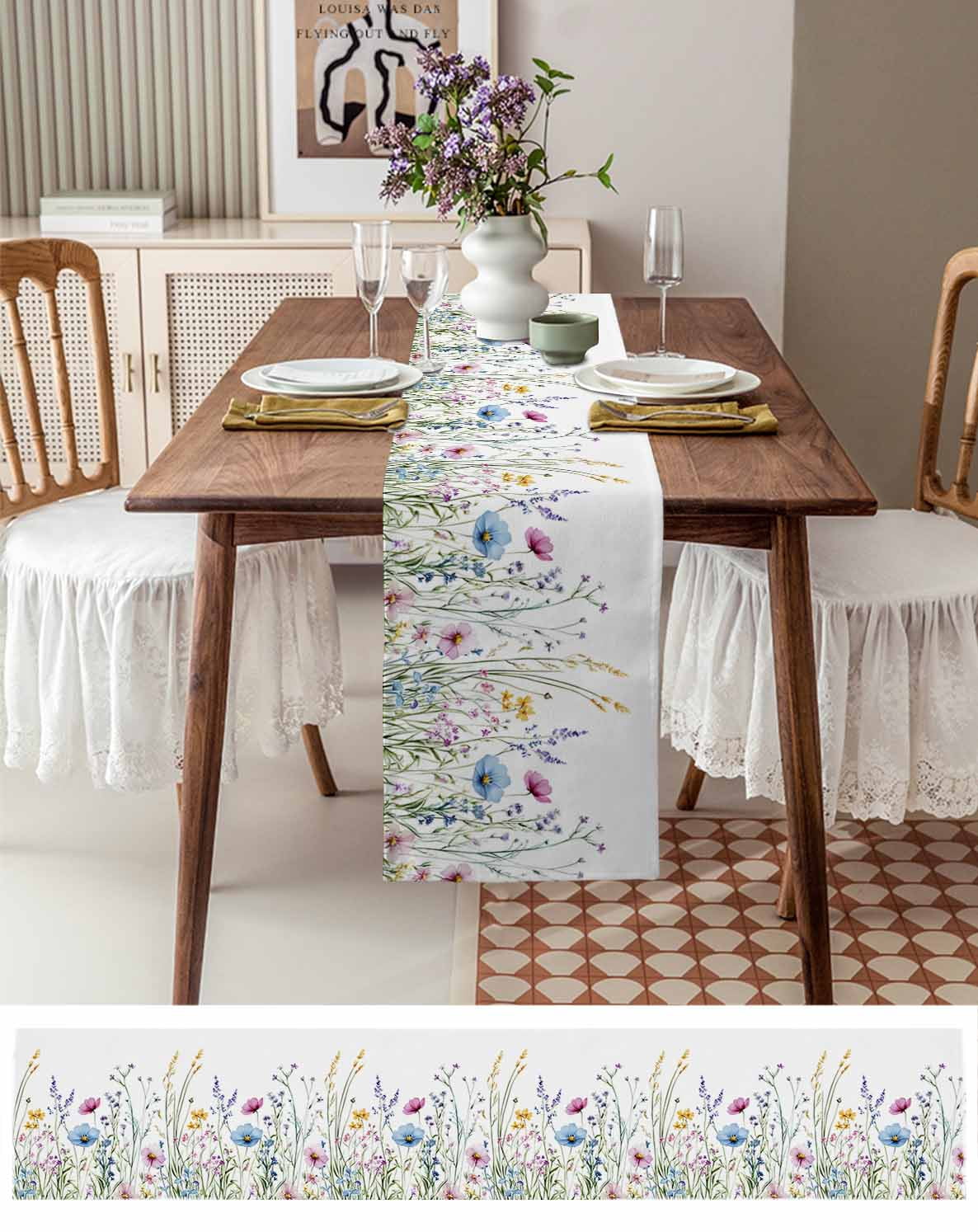 Hokiten Table Runners 108 Inches Long Dress Scarves, Spring Floral Farmhouse Coffee/Dining/Kitchen Table Runner for Living Room, Colorful Botanical Wildflower Summer 13x108 Inch