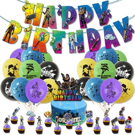 Fortnite Birthday Party Supplies, Fortnite Theme Birthday Party Decorations, Include Banner Cake Toppers Cupcake Toppers Balloons（A）