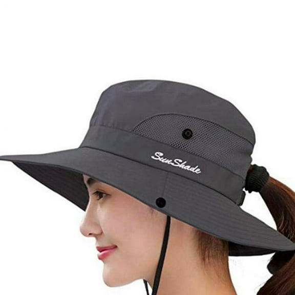 Womens Summer Sun Hat Wide Brim Outdoor UV Protection Hat Foldable Ponytail Bucket Cap for Beach Fishing Hiking