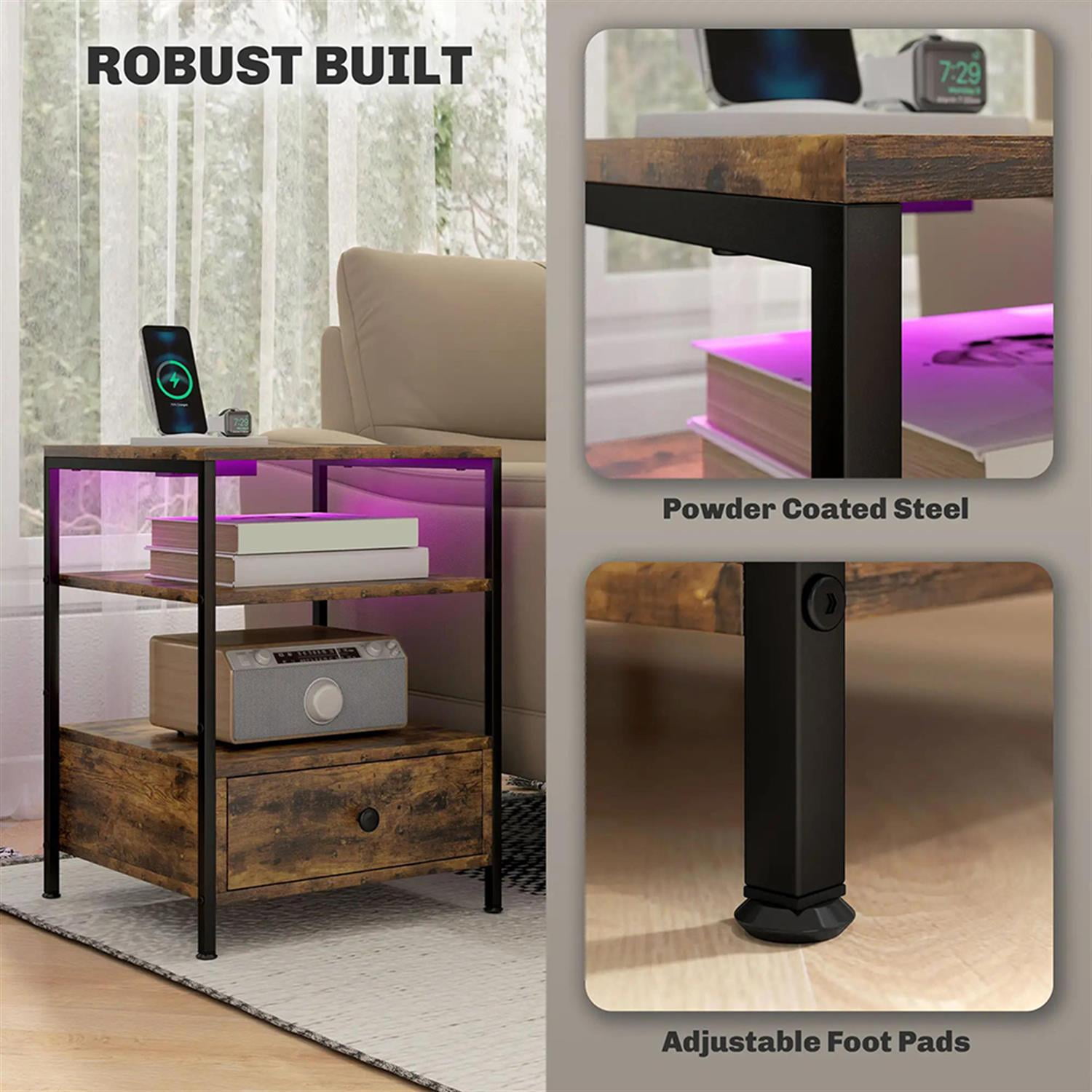 Demi Bonn Nightstand with Charging Station Set of 2, Side Table with Drawers and LED Lights, End Table with Open Shelf for Bedroom, Living Room, Brown