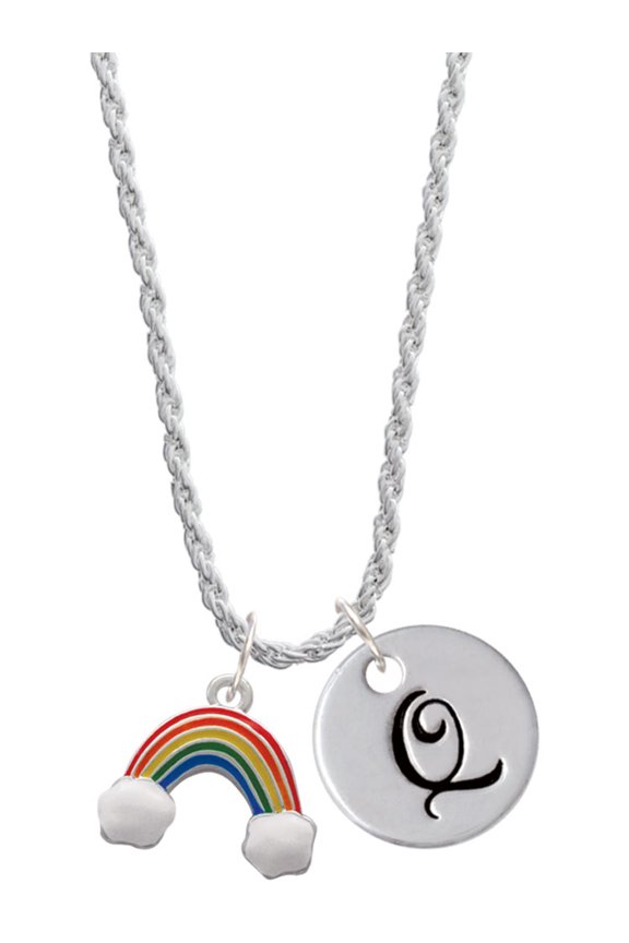 Silvertone Enamel Rainbow Silvertone Script Initial Disc - Q - Charm Necklace, 20"+3"