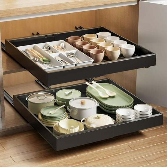 2 Pack Pull Out Cabinet Organizer Expandable, 21"Deep Slide Out Drawer for Cabinets Adhesive Pull Out Drawers Heavy Duty Pull Out Shelves for Kitchen, Cupboard, Pantry, Bathroom(Black)