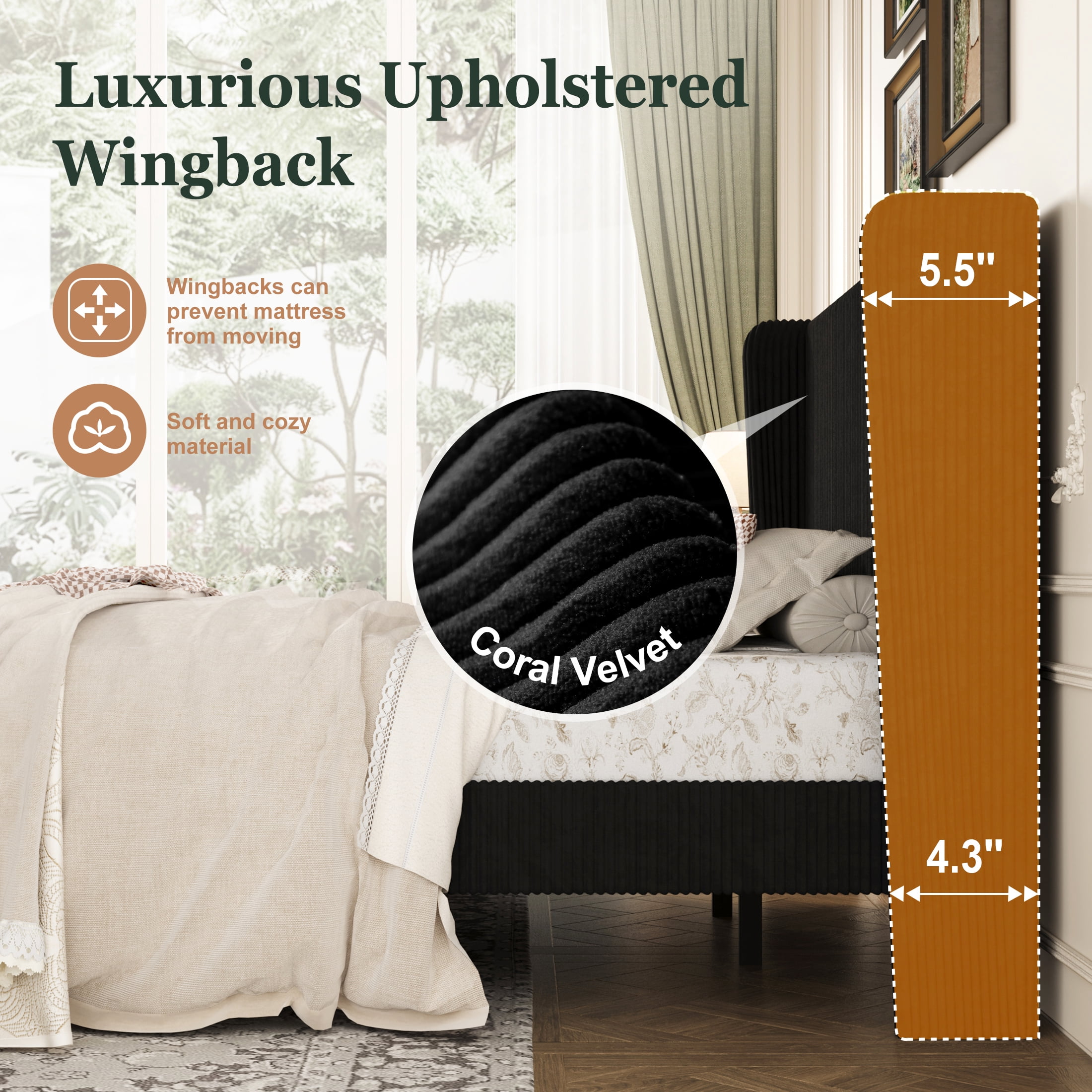 Amolife King Size Platform Bed Frame with Velvet Upholstered Wingback Headboard, Black