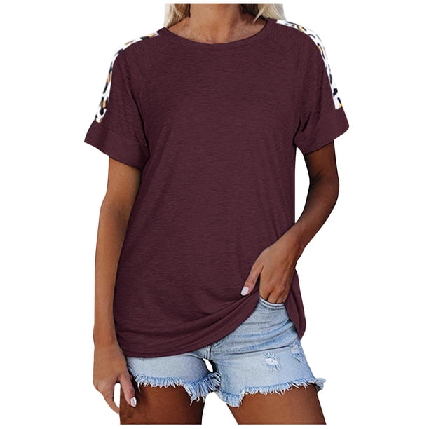 Tops Cortos para las Mujeres Imprimidos Cuello Redondo Suelto Manga Corta Superior, Tops Sueltos para las Mujeres