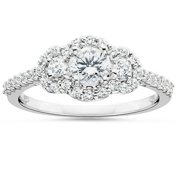 Pompeii 7/8 Carat 3-Stone Halo Diamond Anniversary Engagement Ring Solitaire White Gold