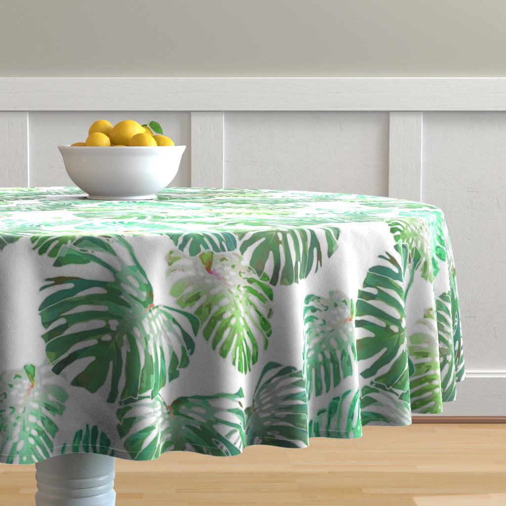 Round Tablecloth Tropical Monstera Leaves Hawaiian Summer Green Cotton ...