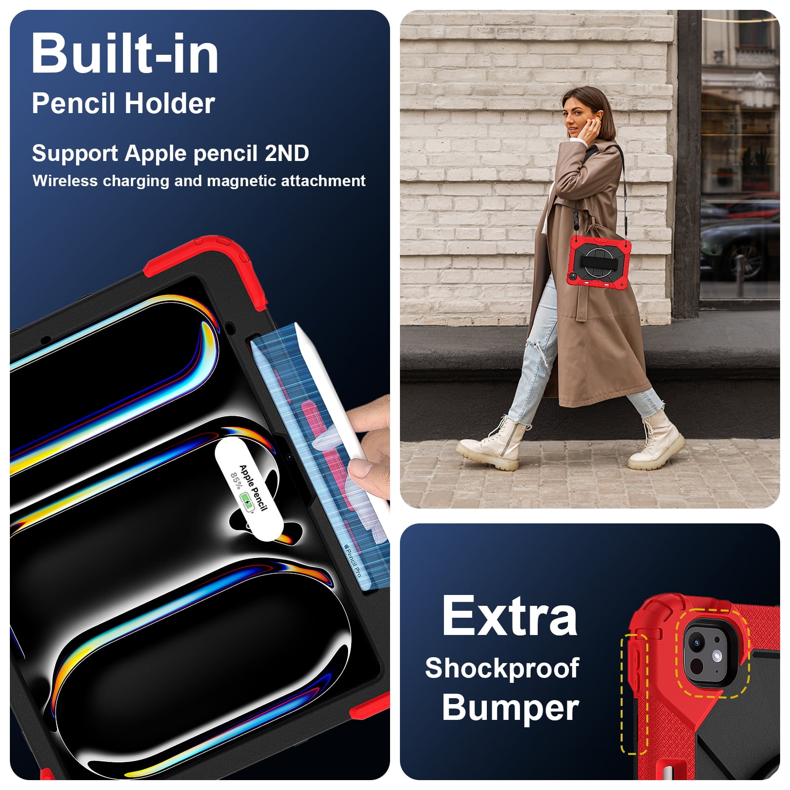 Allytechgroup iPad Pro 13 Inch 2024 Case Cover with Pencil Holder, Rugged Protection with Kickstand & Hand Strap Heavy Duty Shockproof Kids Friendly Case for Apple iPad Pro 13 M4 2024, Red