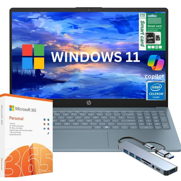 HP 15.6" HD Laptop, Intel N200 Homecessor, 8GB RAM, 384GB Storage (128GB SSD   256GB SD Card), Windows 11 Home with 1-Year Microsoft Office, Blue