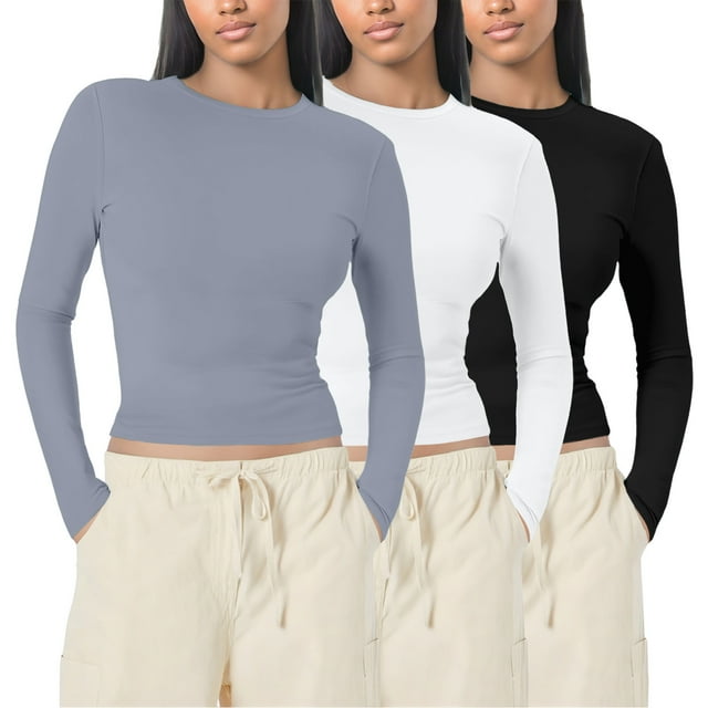 Rinsvye Womens 3 Piece Long Womens Shirt Sleeve Shirts Basic Crop Womens Compression T Shirt Tops Going Out Fall Mock Neck Long Sleeve Tops for Women Layer Slim Fit Tops