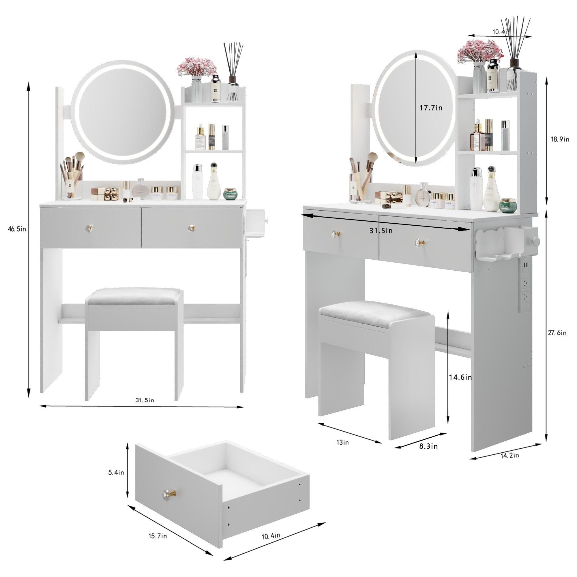 AENKYO LED Vanity Table Set with Lighted Mirror, Charging Station, 2 Drawers, Shelves & Upholstered Stool, White