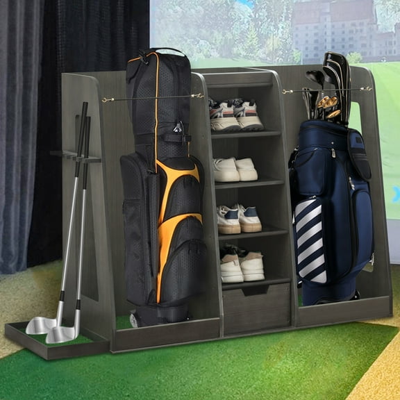 LZBEITEM Golf Bag Storage Organizer for Garage, Premium Wooden 2 Golf Bags Rack with Drawer, Easy Assemble Club Stand/Holder Suitable for Garage Home Simulator and Office Gray