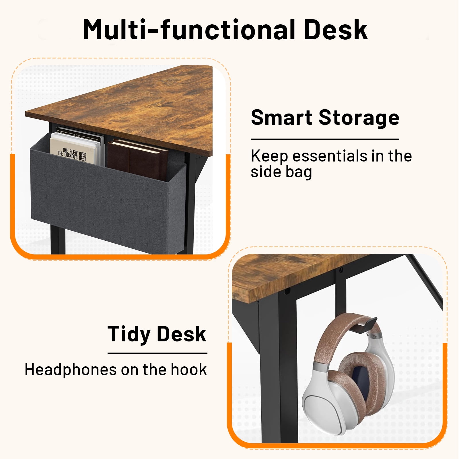 Atilioo 47" Sturdy Computer Desk, Ergonomic Work Study Writing Table with Storage Bag & Iron Hook, Rustic Brown