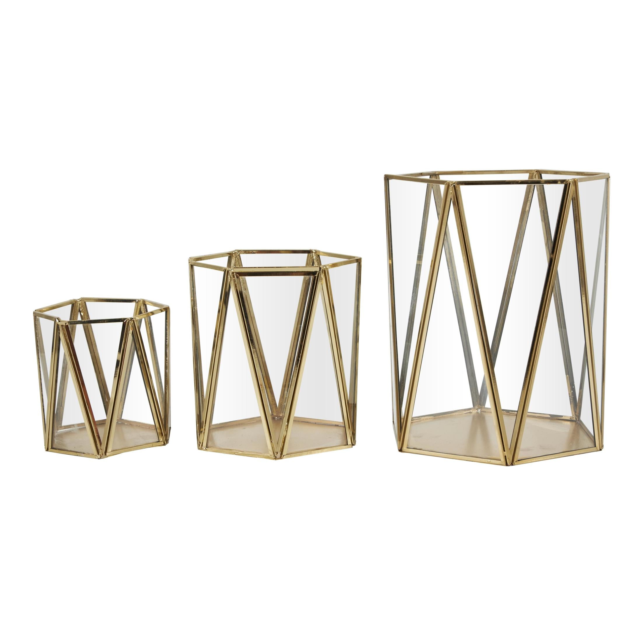 CosmoLiving by Cosmopolitan 3 Holder Gold Metal Geometric Triangle Patterned Hexagon Candle Lantern with Clear Glass, Set of 3