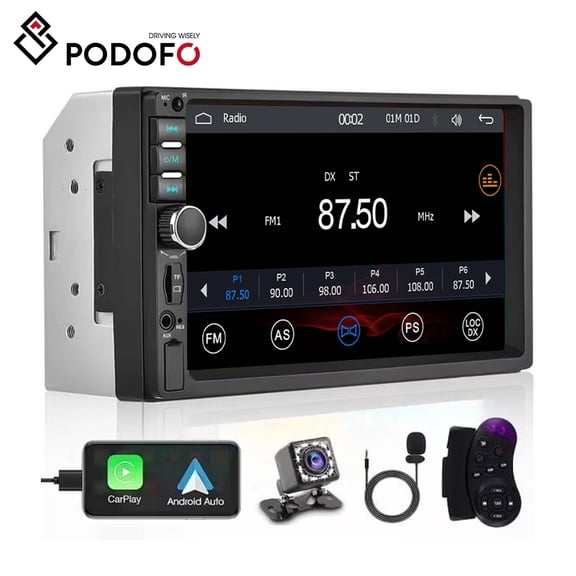 Podofo 7 in Double Din Car Stereo Radio with Wield Apple CarPlay and Android Auto Backup Camera