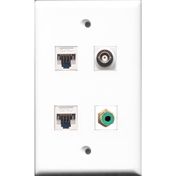 RiteAV - 1 Port RCA Green and 1 Port BNC 2 Port Cat5e Ethernet White Wall Plate