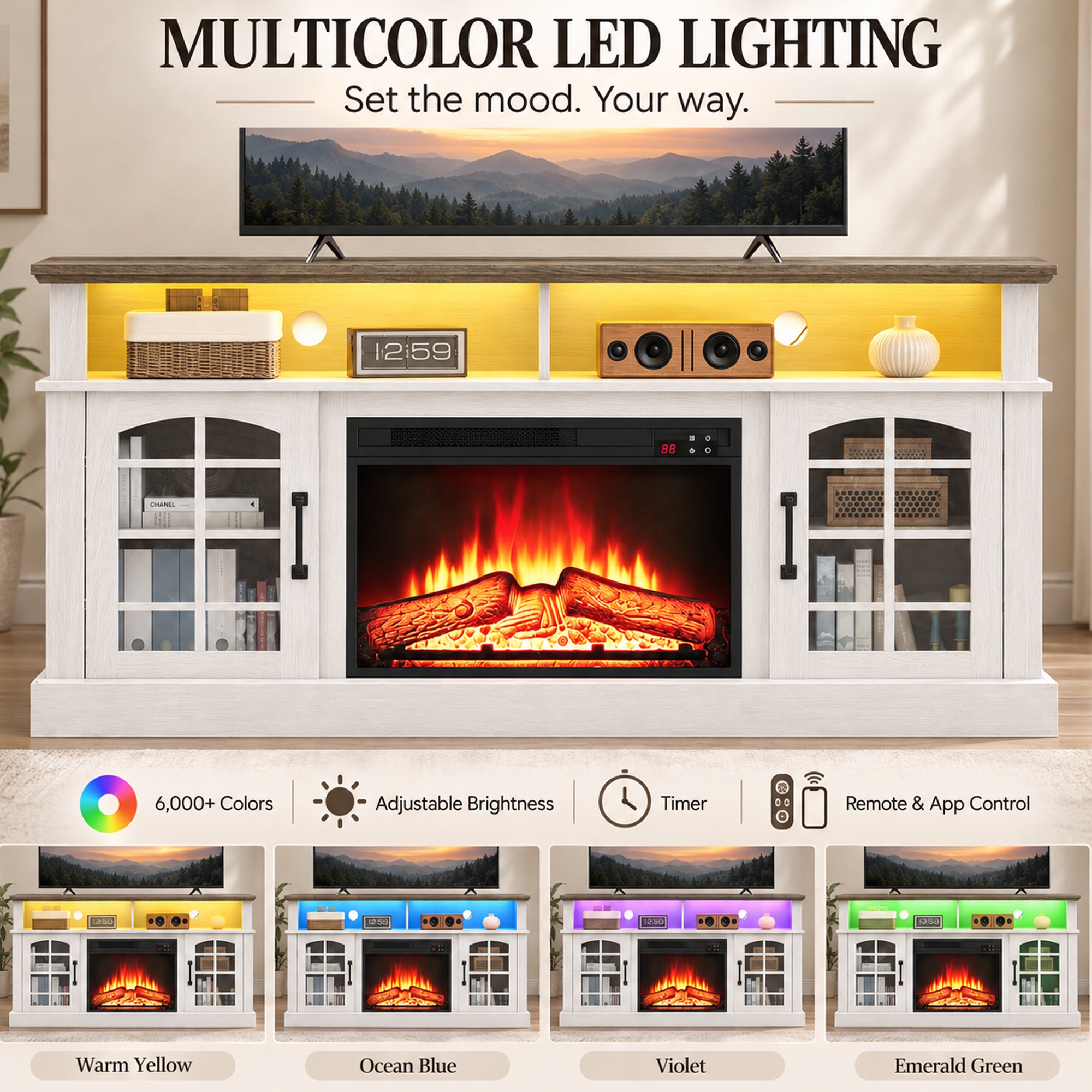 Paproos 65" Electric Fireplace TV Stand with LED Lights, Brown photo 3