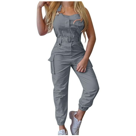 

Dyegold Jumpsuits for Women Casual Spaghetti Strap Jumpsuits for Women Solid Color Pocket Button Baggy Playsuit Overalls Sleeveless Square Neck Rompers