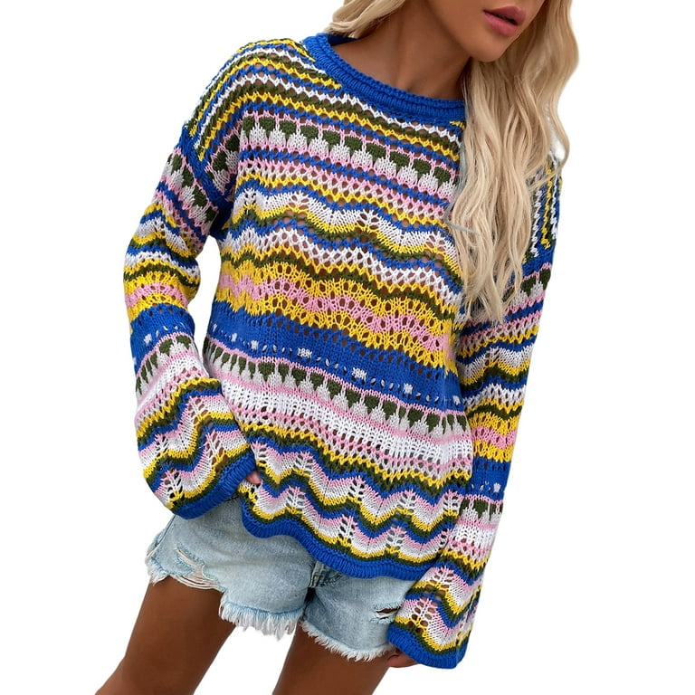 Women Colorful Knit Pullover Crochet Knitted Y2K Long Flared Sleeve Casual  Sweater Rainbow Striped Knitwear (Black, Small) at  Women's Clothing  store