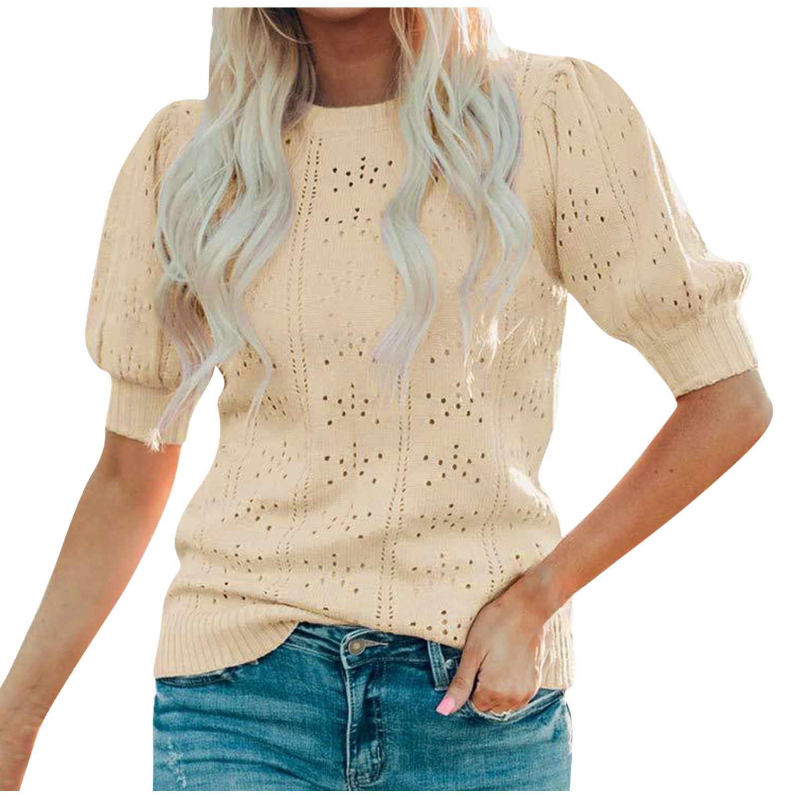 Women's Puff Half Sleeve Top Round Neck 