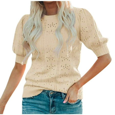 

Mrat Sleep Shirts For Women Short Sleeve Round-Neck Blouses & Shirts Ladies Puff Half Sleeve Top Round Neck Pullover Solid Color Knit Sweater Short Sleeve Athletic Shirts Female