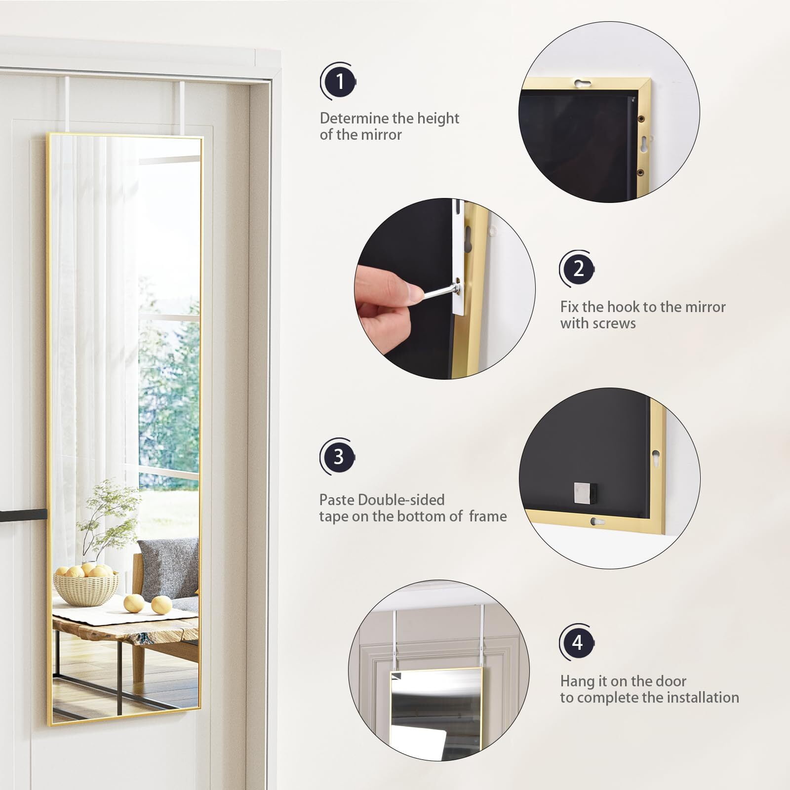 AnyRose Full Length Mirror 16" x 50" Aluminum Alloy Over The Door Mirror Large Hanging Mirrors Wall Mounted,Gold