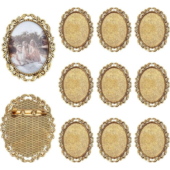 10pcs Brooch Cabochon Setting Vintage Brooch Blank Bezel Gold Brooches Pins Trays Oval Cabochon Frame Photo Pin Base for Wedding Bridal Brooches Jewelry Making DIY Craft 51x40x2mm