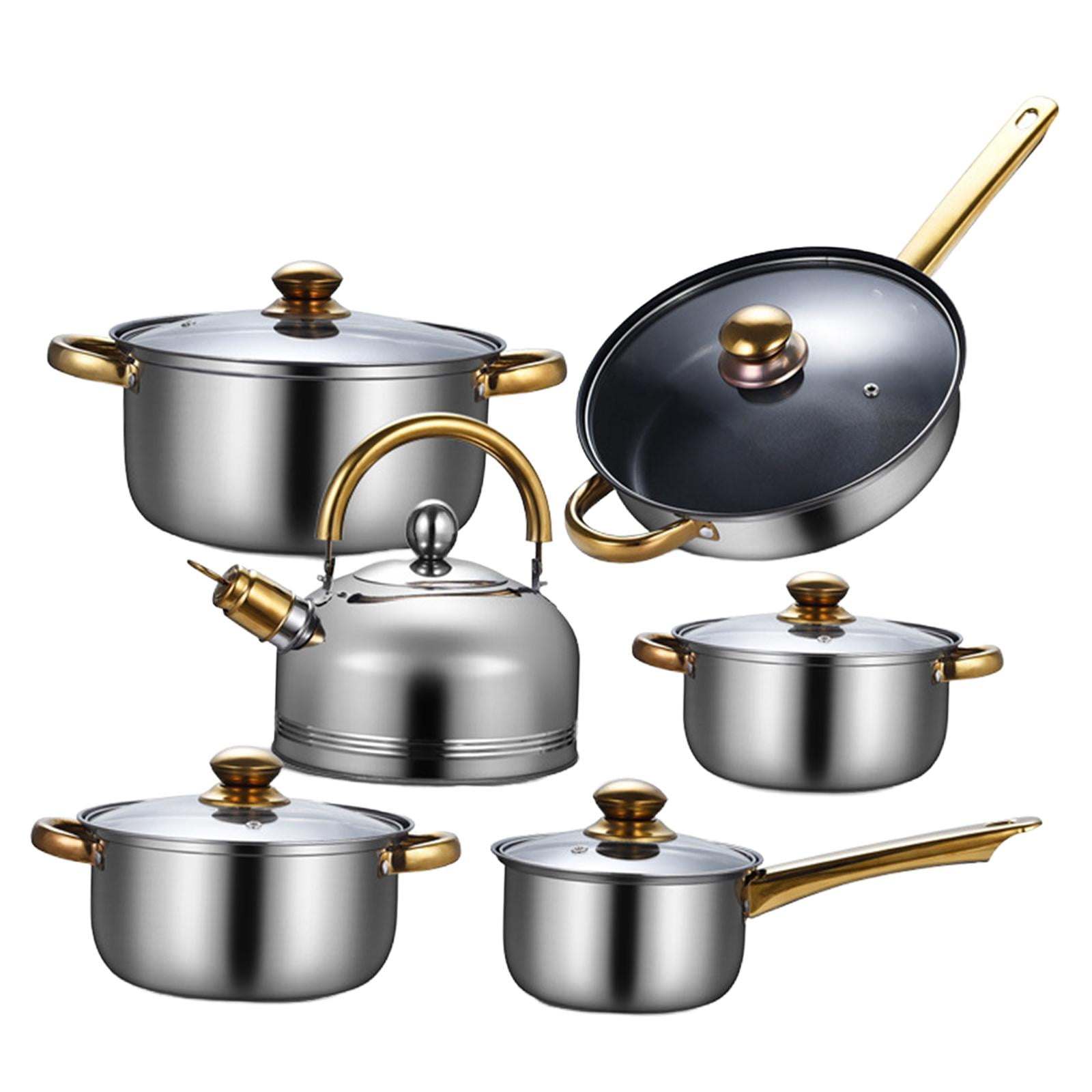 Nishiyuenyi 6x Pots and Pans Set Soup Pot with Glass Lid Nonstick Pan Cookware Set Stainless Pans with kettle