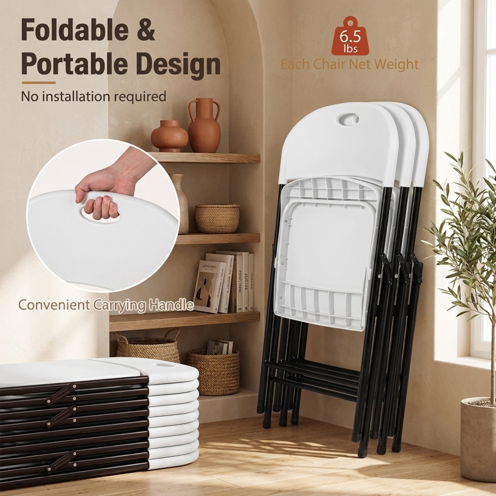 Furnibear Set of 4 Foldable Plastic Chairs with Ergonomic Backrest for Kitchen Dining Room Living Room Home, White