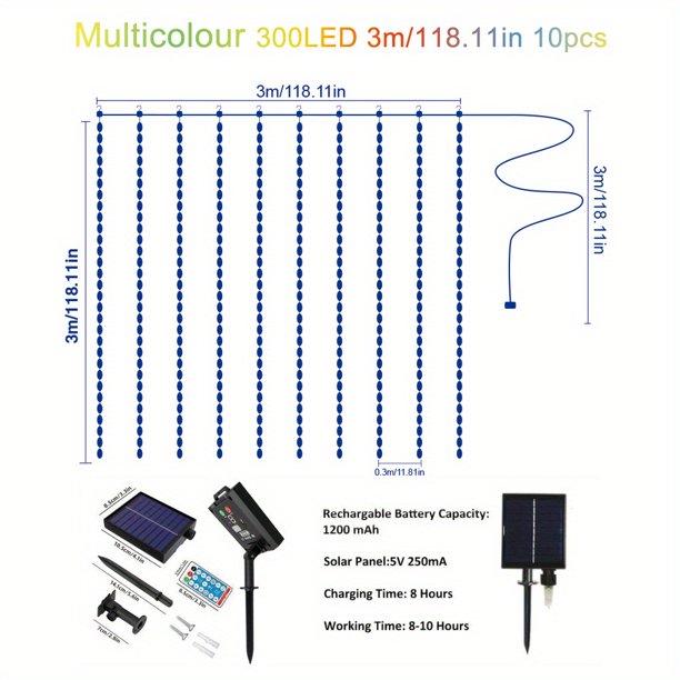 300 LED Solar Curtain Light With Remote Control 8 Lighting Modes, IP65 Waterproof Copper Wire Lights For Christmas Party Wedding Home Bedroom Garden Wall Decorations