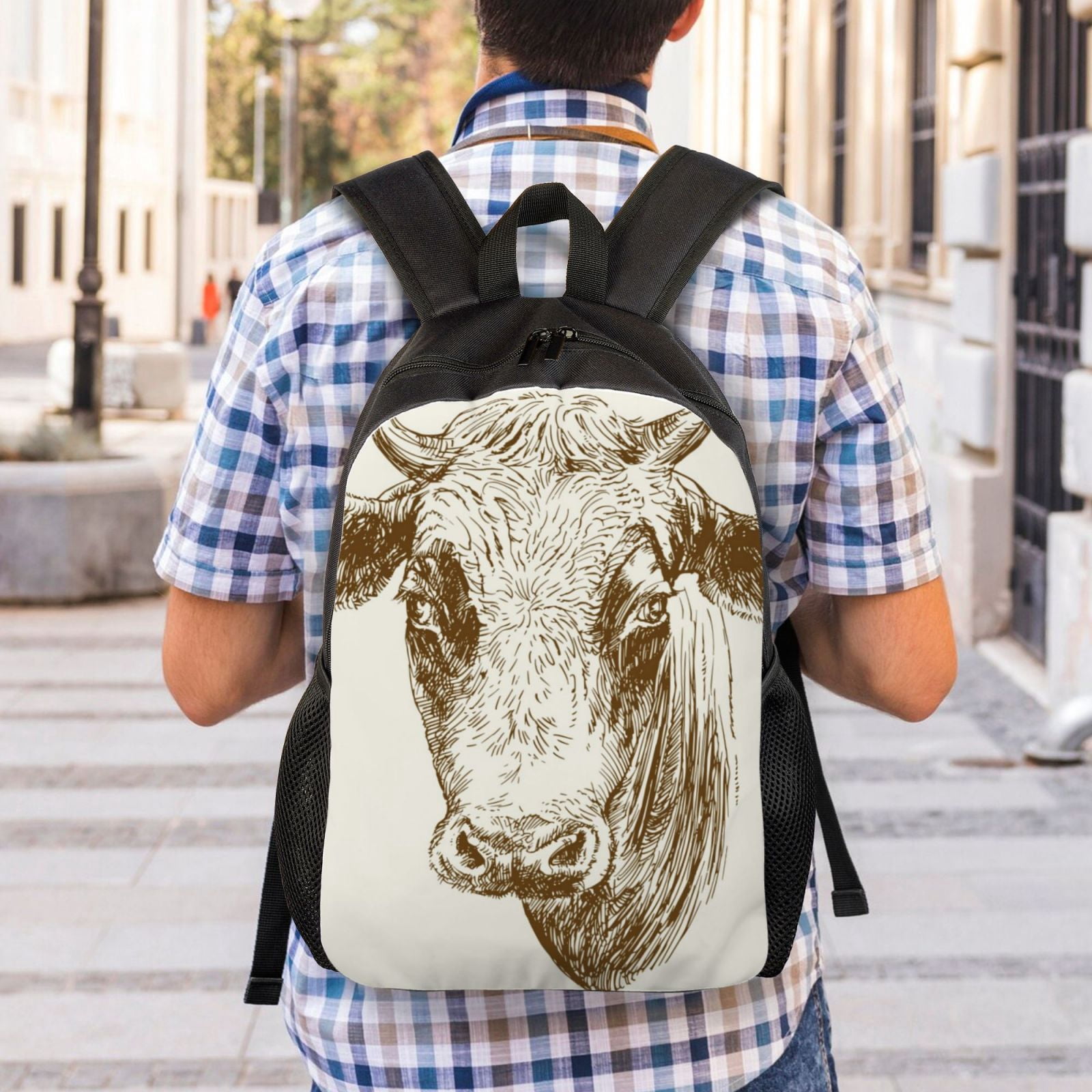 Xecao Cow Print School Backpack with Laptop Compartment Small Travel Laptop Backpack for Women Men Waterproof College Backpack Simple School Bag