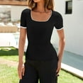 thumbnail image 4 of WTXUE T-Shirts Short Sleeve, Square Neck Shirts for Women's Square Neck Color Block T Shirt 2024 Summer Sli Crop Tops Solid, Knit Tops | Casual for Women Black XXL, 4 of 8