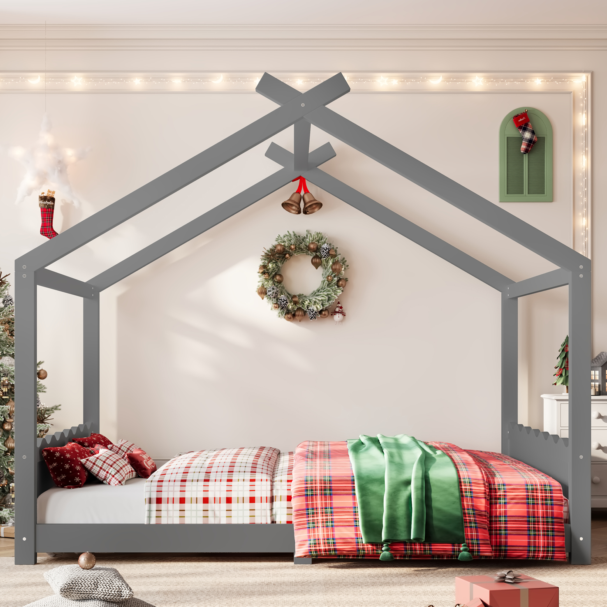 Yoneston Queen House Floor Bed with Roof, Solid Wood Platform Bed Frame with Opening Constructure for Kids, No Box Spring Needed, Gray