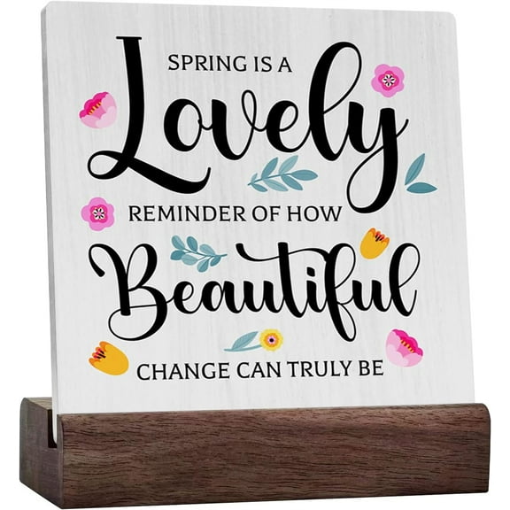 Ceramic Sign 4x4 Inch Rustic Spring Farmhouse Country Home Office Desk Decor Flowers Wood Sign Cubicle Bathroom Shelf Tiered Tray Decor Gift Ideas Spring Is A Lovely Reminder