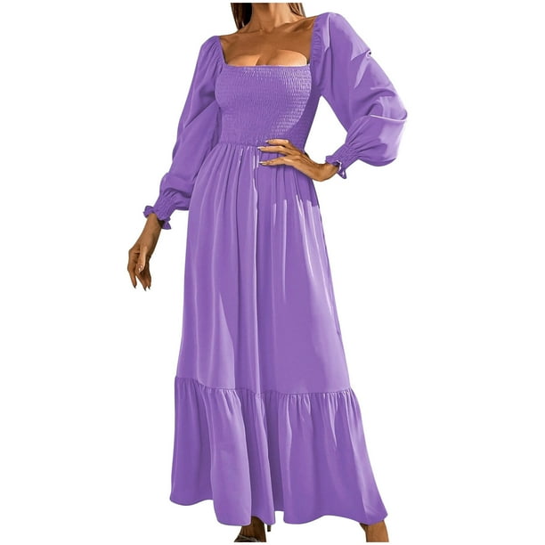 Vestido de cintura alta con volantes y manga larga con cuello cuadrado y manga larga para mujer Pompotops hdfakjf9870