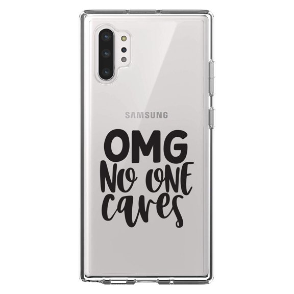 DistinctInk Clear Shockproof Hybrid Case for Galaxy Note 10 PLUS (6.8" Screen) - TPU Bumper Acrylic Back Tempered Glass Screen Protector - OMG No One Cares - Black