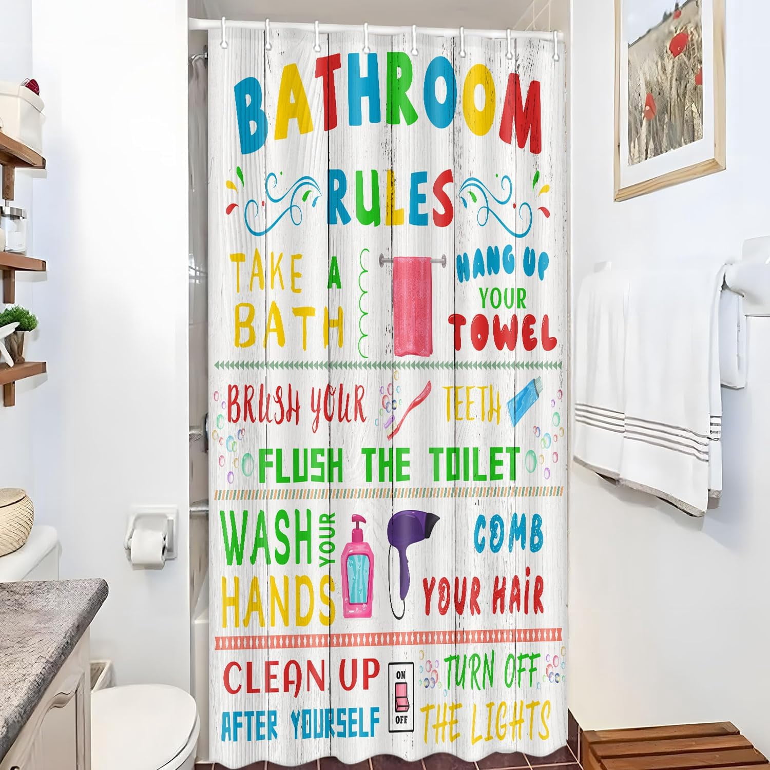 Kids Shower Curtain, Funny Teen Boy Girl Shower Curtain Set for College Dorm Bathroom, Cute Colorful Bathroom Rules Fabric Shower Curtain Restroom Bathtub Decor Accessories with Hooks 36X 72 inch