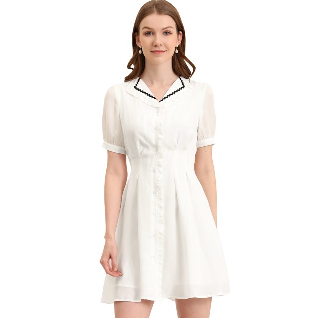 INSPIRE CHIC Vestido Camisero Con Volantes Y Cuello Peter Pan Para Mujer Blanco M
