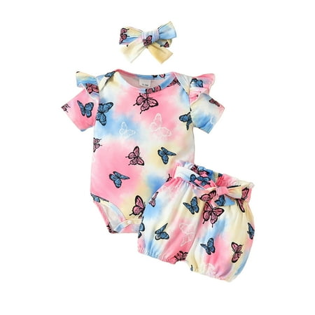 

TENSUNNYD Infant Girls Short Sleeve Tie Dye Butterfly Print Romper Bodysuit Shorts Outfits Newborn 3M-6M